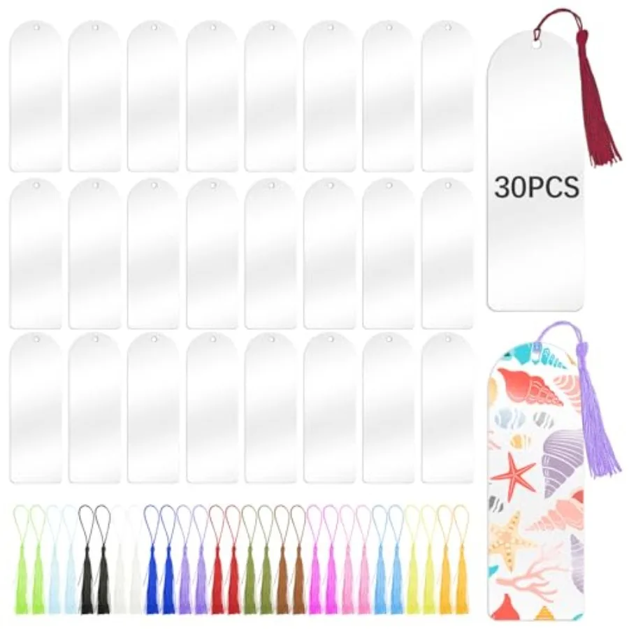 

30 Pcs Clear Acrylic Bookmarks Blanks 6" x 2", Plastic Book Page Markers Transparent Semicircle Acrylic Bookmark Blank Bulk wit