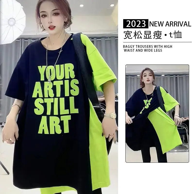 Oversized Loose Ladies Short Sleeve Letter Women\'s Clothing Fashion O-neck Tops Streetwear Pullovers Printing Irregular T-Shirts