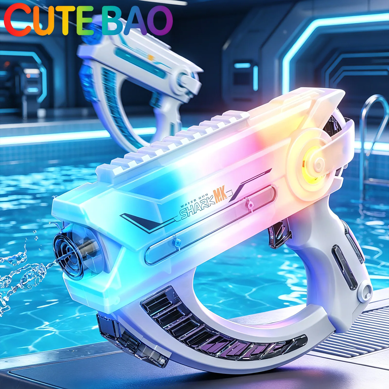 Electric Water Gun Colorful Lights Continuous Firing Squirt Gun Large Capacity Long Range Shooting Watergun Beach Outdoor Toy