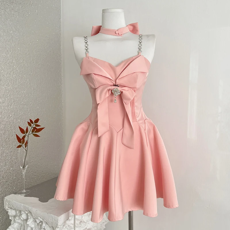 

Metal Spaghetti Strap Mini Dress Women with Chest Pad Sleeveless Sundress with Bow Chocker and Shorts Elegant Party Dress Pink