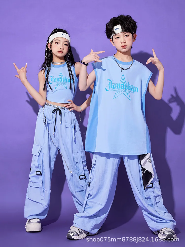 Kid Kpop Hip Hop Clothing Blue Long Crop Tank Top Casual Parachute Cargo Pants Layered Pleated Skirt for Girl Boy Dance Costumes