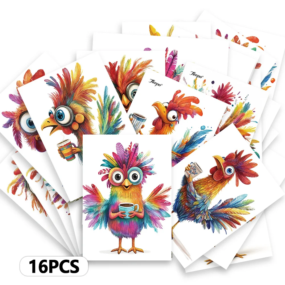 

16pcs, colorful rooster postcards, New Year gifts, Christmas gifts, living room decoration, bedroom decoration, high-quality