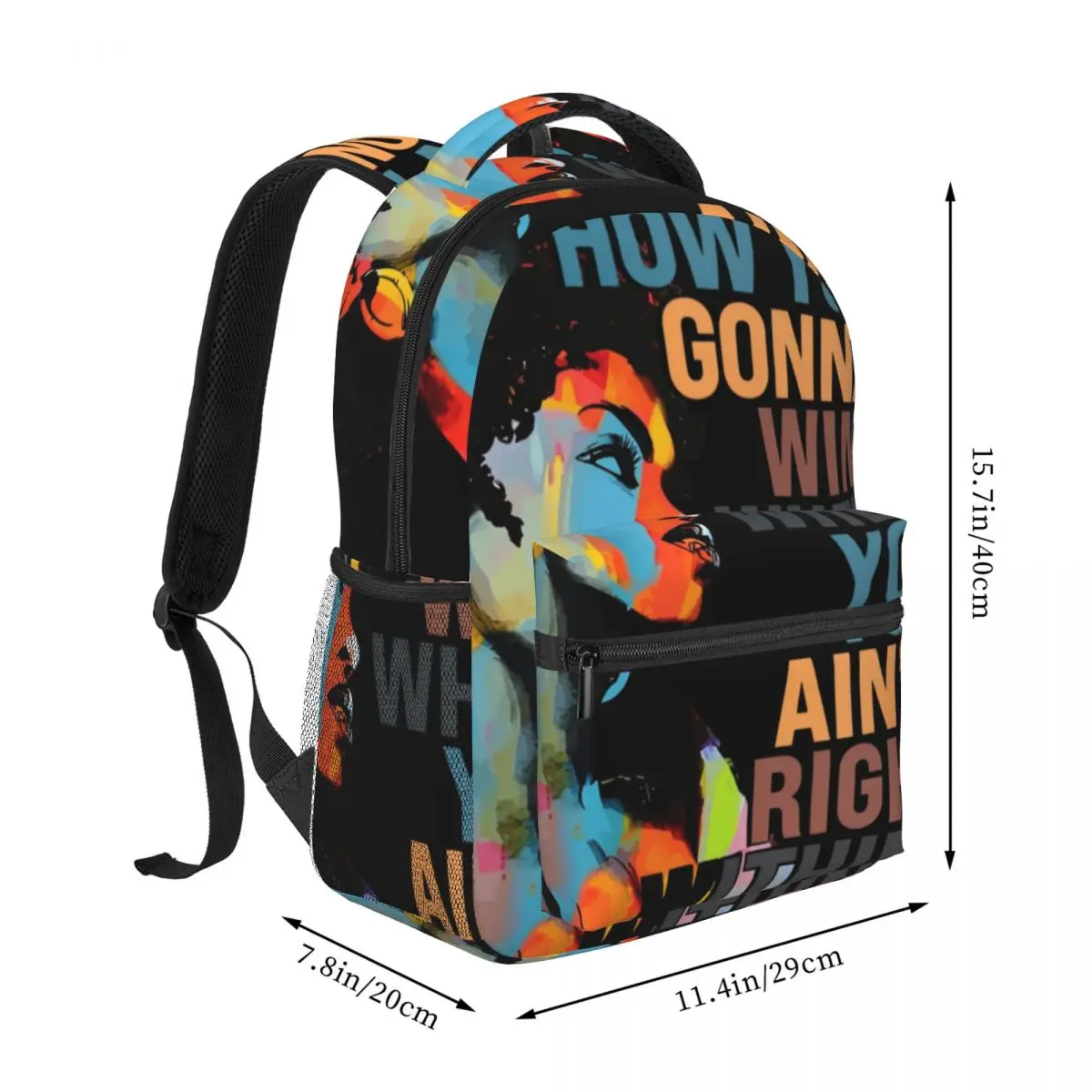 Inspirational Backpack Center Woman Win Quote Pop Art Portrait Blue Orange Red Black Edgy Daypack for School Work Weekend Outfit