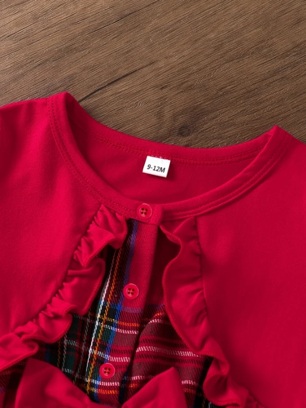 Girls' Red Plaid Fake Two-piece Dress, Long-sleeved with Ruffled Bow Decoration, British Style Princess Dress