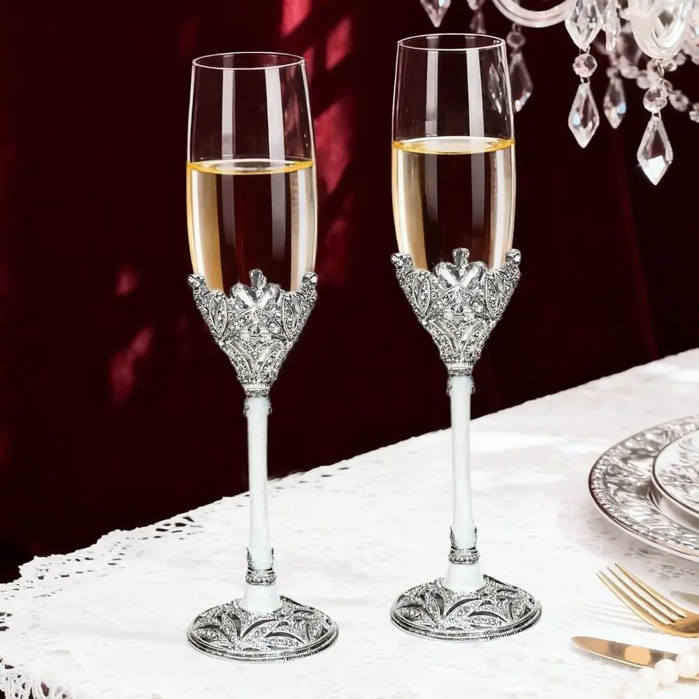 

Silver Champagne Flutes - Wedding Toasting Glasses for His and Hers, Engagement Celebrations, Bridal Shower and Registry Idea, G