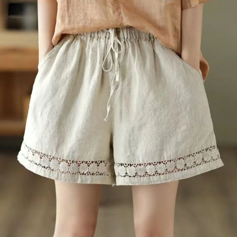 Ice Silk Hollow Out Lace Shorts Elastic Waist Wide Leg Summer Thin Casual Beach Pants For Women