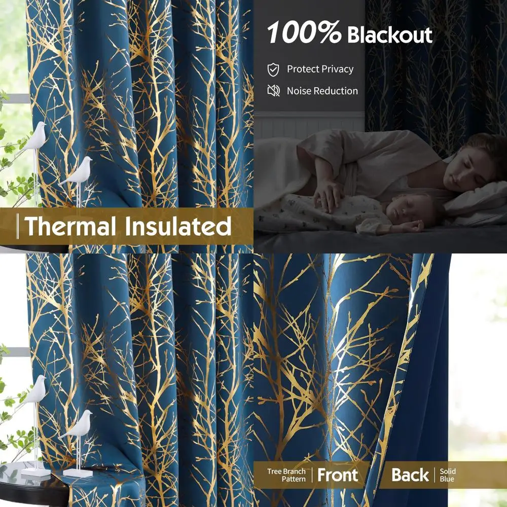 Elegantes 96 cortinas con estampado de árbol de lámina dorada y azul para dormitorio y sala de estar, paneles modernos con ojales de rama metálica
