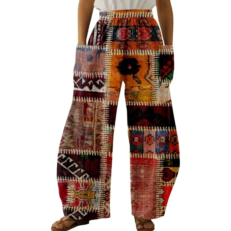 Damen Plaid Muster drucken weites Bein Hosen Vintage Farbe Blumen Sommer hose lustige klassische Taschen Hosen plus Größe Streetwear – Detail 3