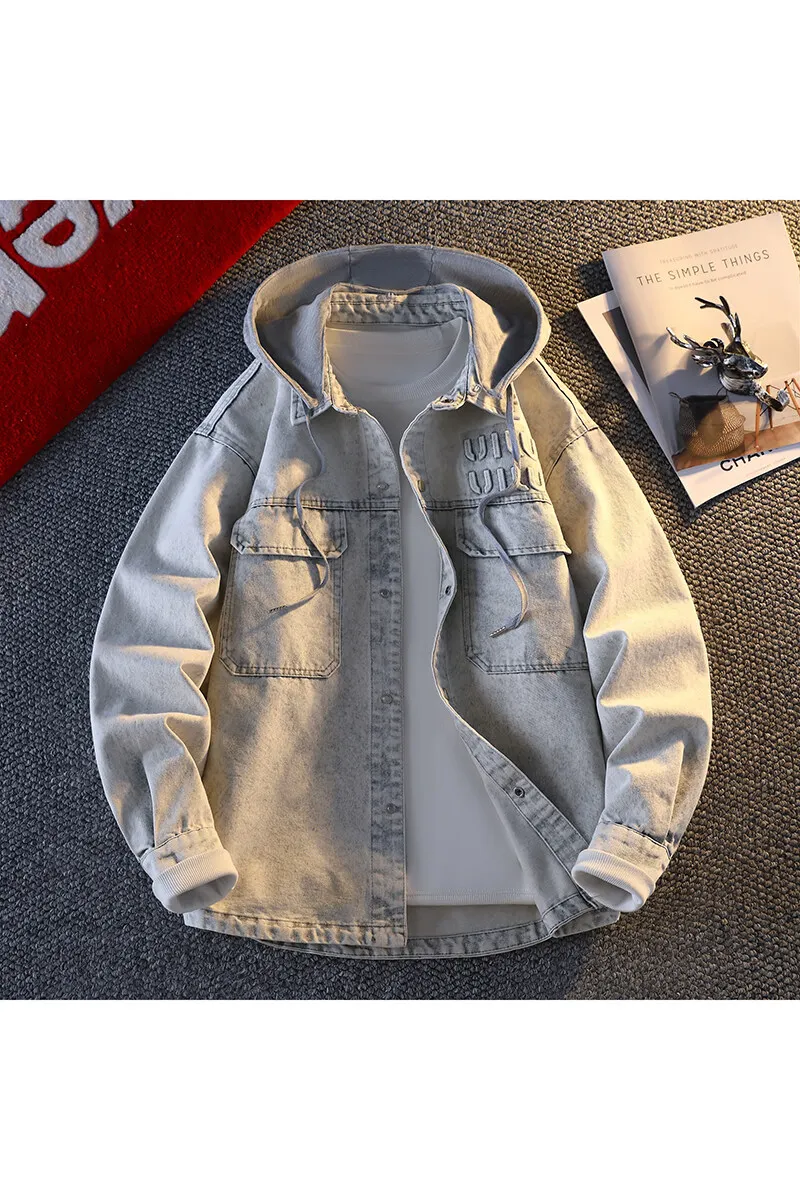 2025 spring Men Solid Denim Jackets Fashion Motorcycle Vintage Jeans Jackets Hommes Slim Fit Cotton Coat Casual Hooded Coats