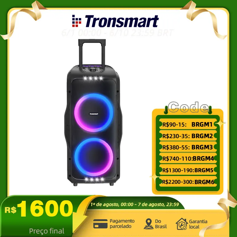 Tronsmart Caixa de Som Bluetooth Halo 300 para Festas, 240W com Entrada para Guitarra/Microfone/XLR, TWS, 20 Horas de Reprodução, Rodas e Alavanca Oculta