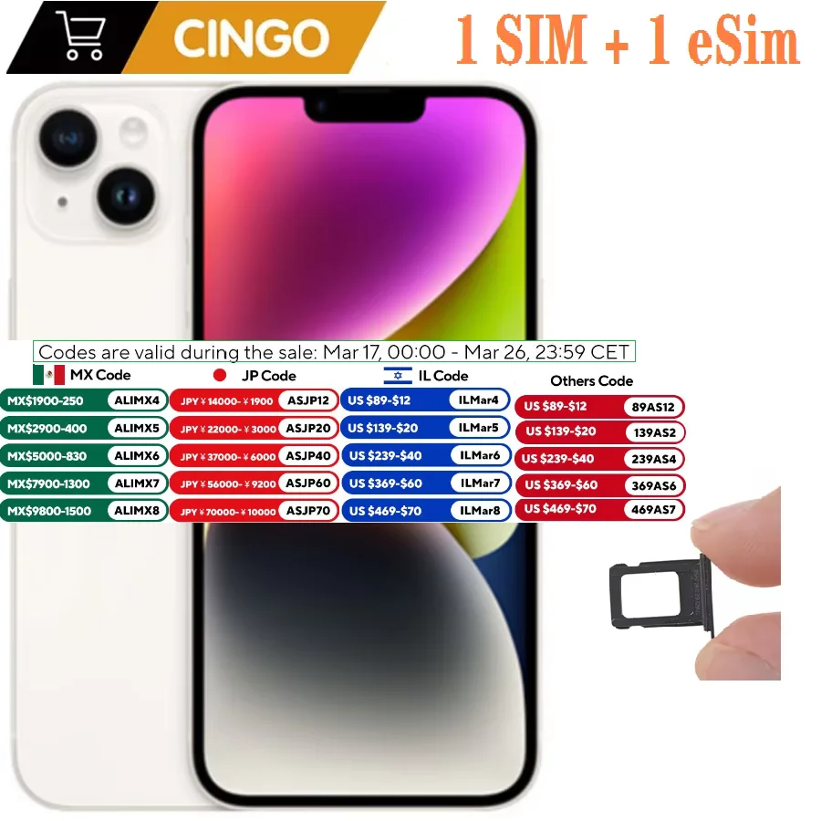 iPhone 14 6 Go de RAM 128 Go /256 Go de ROM A15 5G 1 SIM + 1 eSIM 6,1" OLED Face ID NFC