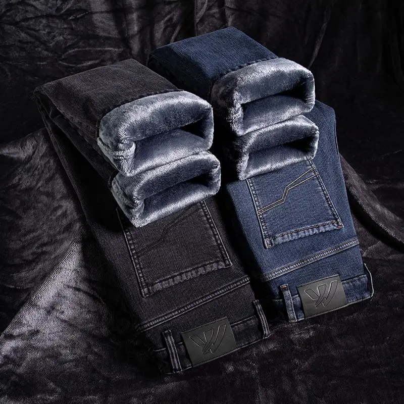 Super Thick Fleece Warm Men's Jeans Winter High Quality Clothing Classic Business Casual Straight Fit Loose Dad's Denim Pants