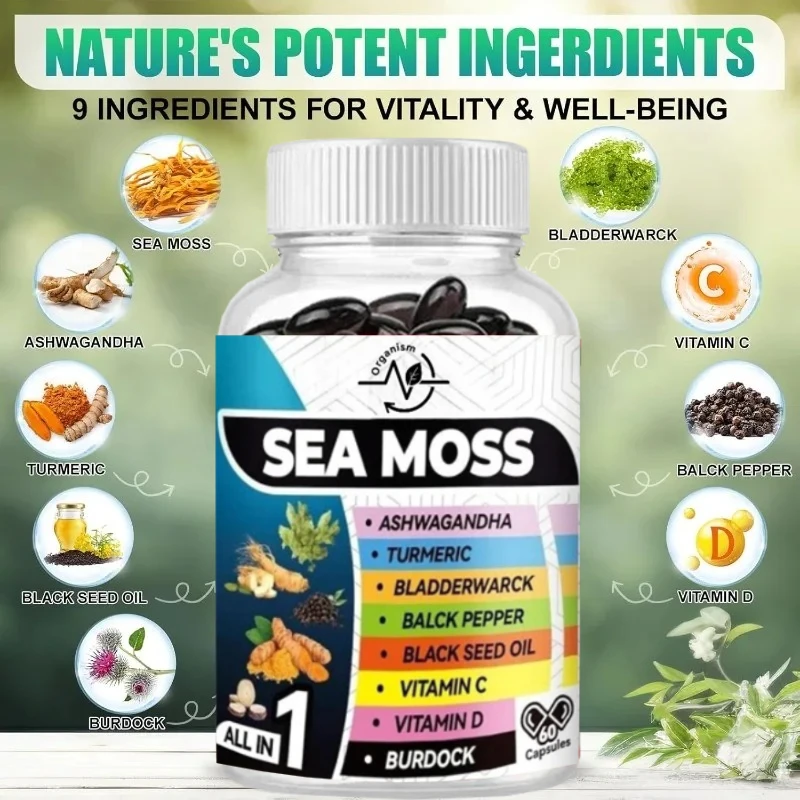 

Масло черного семян морских водорослей 9 в 1, корень лопуха имбиря, витамин С, витамин D3, экстракт фруктов черного перца, 60 капсул