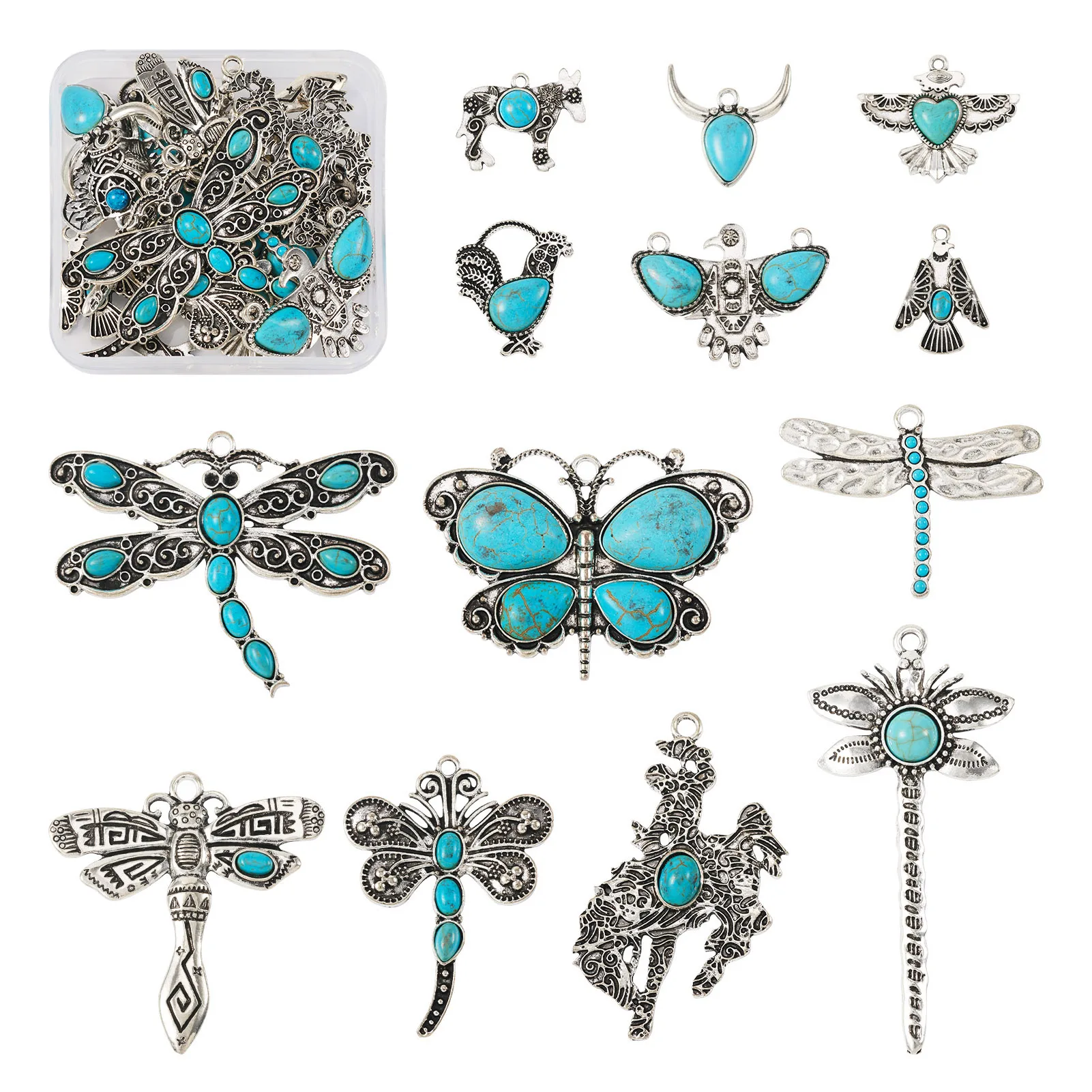 13Pcs Tibetan Style Alloy Animal Pendant Donkey Dragonfly Butterfly Turquoise Western Charm for Jewelry Making Decor Accessories