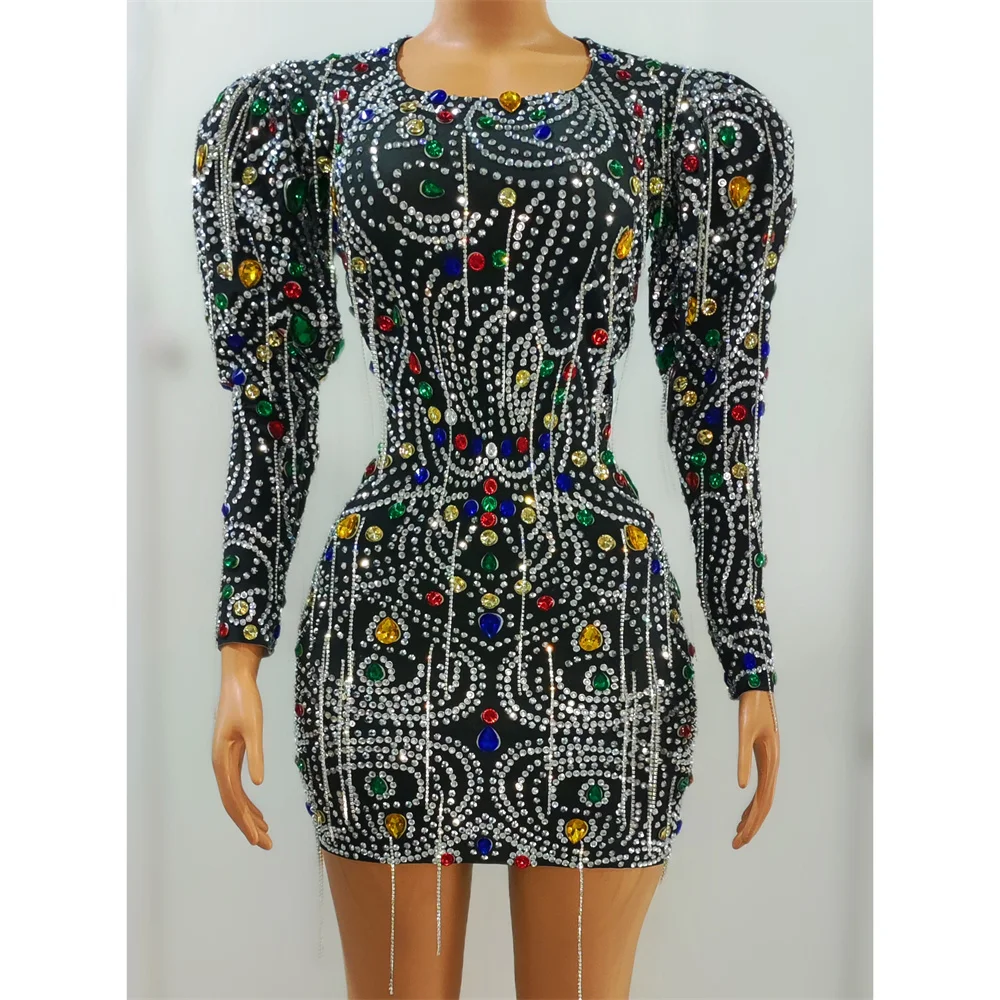 سباركلي الراين سلاسل شرابة فستان فاخر عيد ميلاد حفلة موسيقية مساء احتفال حفلة فستان قصير المغني المضيف المرحلة زي