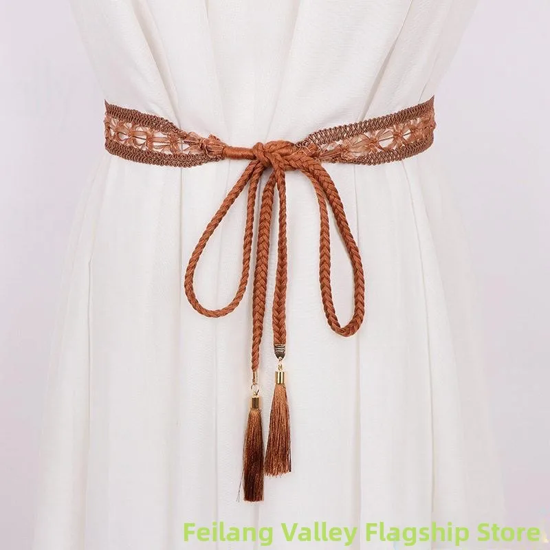 

Женский джинсовый пояс с кружевной отделкой, плетеный, с бахромой, тонкий, модный аксессуар для весеннего сезона