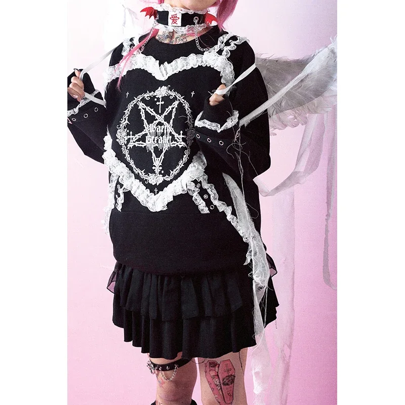 HBreaker Original Design Gothic Sweatshirt Women Lace Star Love Printing Punk Girls Pink Black Hoodies Pullover Women