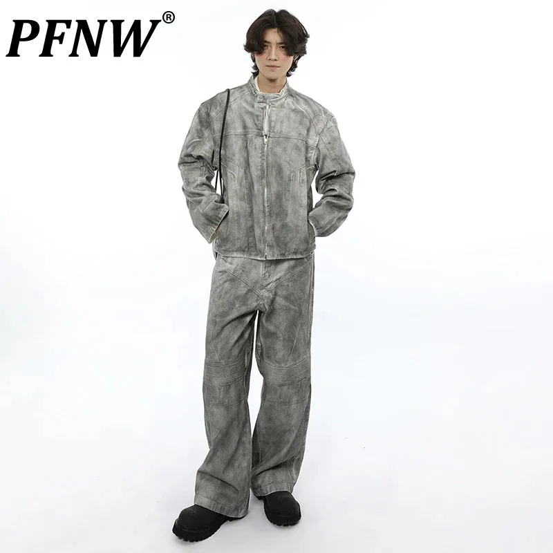 

PFNW Two-piece Set Male American Casual Worn-out Dirty Patchwork Denim Jacket Chic Niche Design Straight Pants Autumn 28W4282