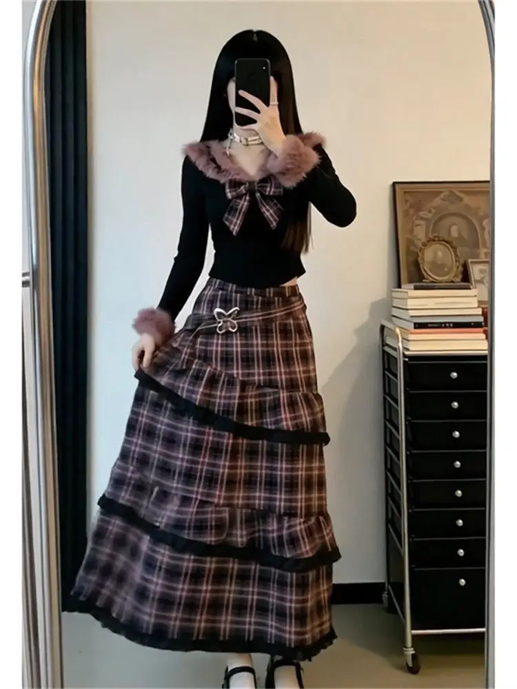 

Korean Sle Women's Plaid Knot Top And Skirt Set Winter New Faionable Two-Piece Set Vintage f-length Skirt