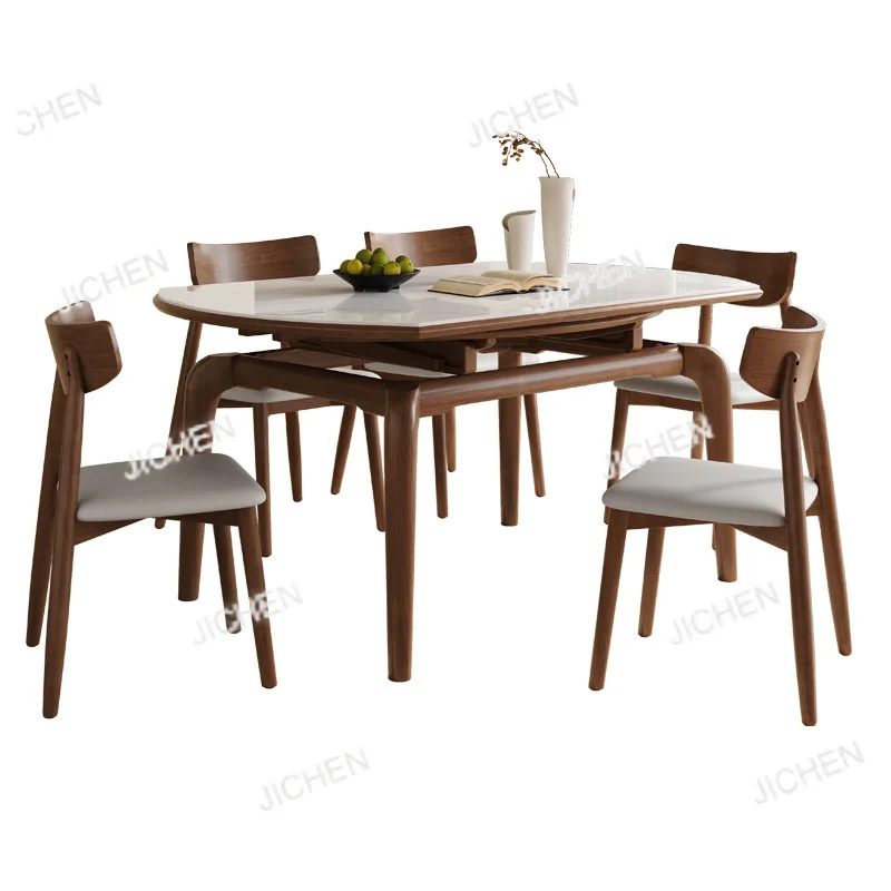 

Medieval Style Solid Wood Rock Slab Dining Table and Chair Combination Nordic Small Apartment Retractable Dining Table Household
