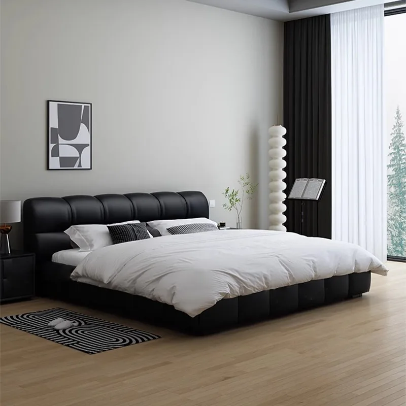 Puff Bed Cream Style Light Luxury Modern Fabric  2023 New Small Apartment Master room Double Black Napa Leather