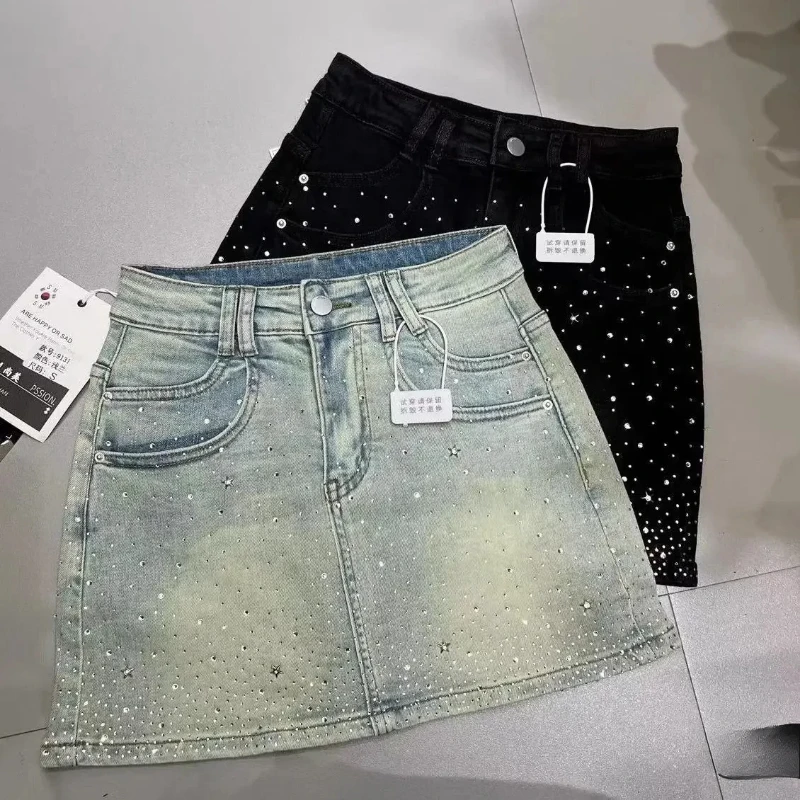 

Starry Hot Rhinestone Denim Skirt for Women 2025 Summer New Retro Slimming A-Line Sheath Denim Skirt
