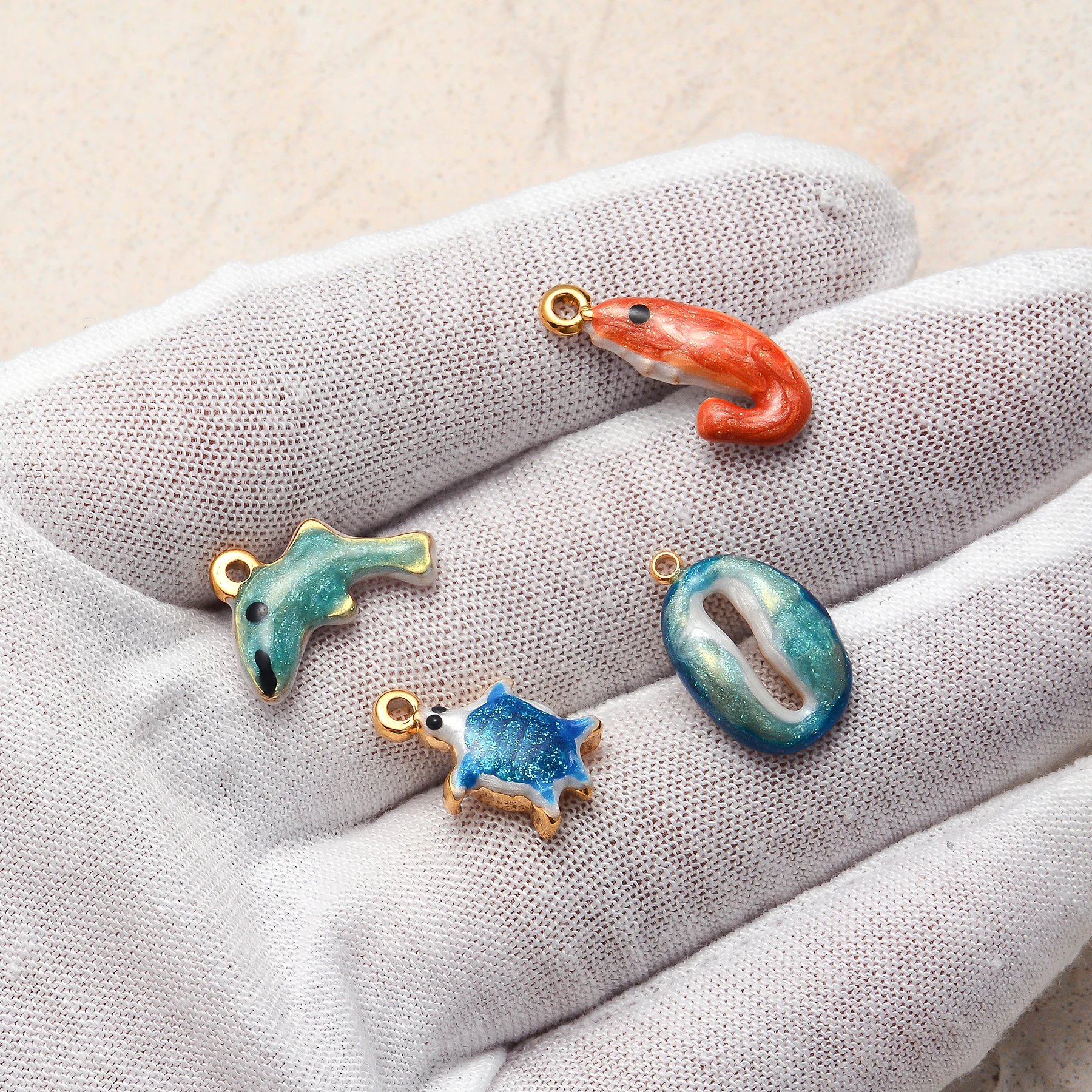 2Pcs Stainless Steel Ocean Series Shrimp/Dolphin/Sea Turtle/Shell Enamel Pendant For DIY Earrings Necklace Jewelry Accessories - view 6
