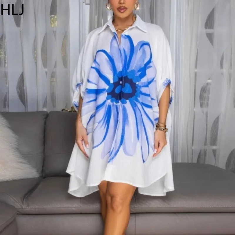 HLJ Elegant Floral Printting Loose Shirt Women 2025 Summer Short Sleeve Irregular Patchwork Shirt Style Dress Female Vestidos