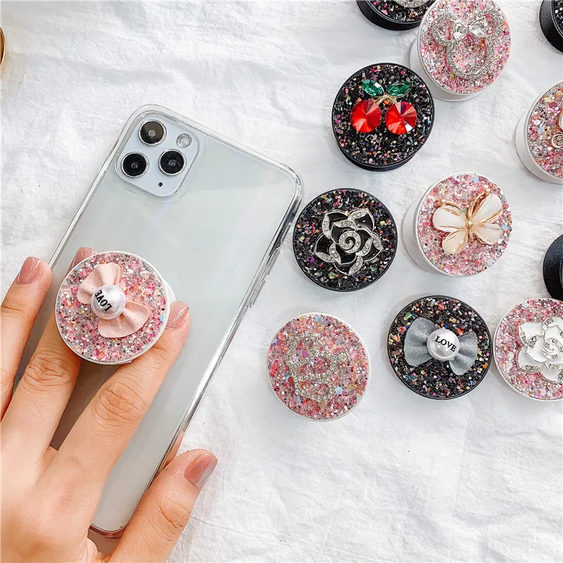 Support d'airbag extensible en diamant d'eau rose scintillant pour tablettes, support universel pour téléphone portable, support paresseux en pâte mignonne de dessin animé