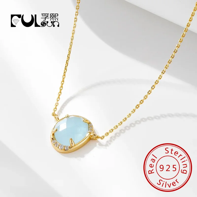 original design natural stone Aquamarine faced necklace for women fine necklace Sterling 925 silver jewelry wholesale