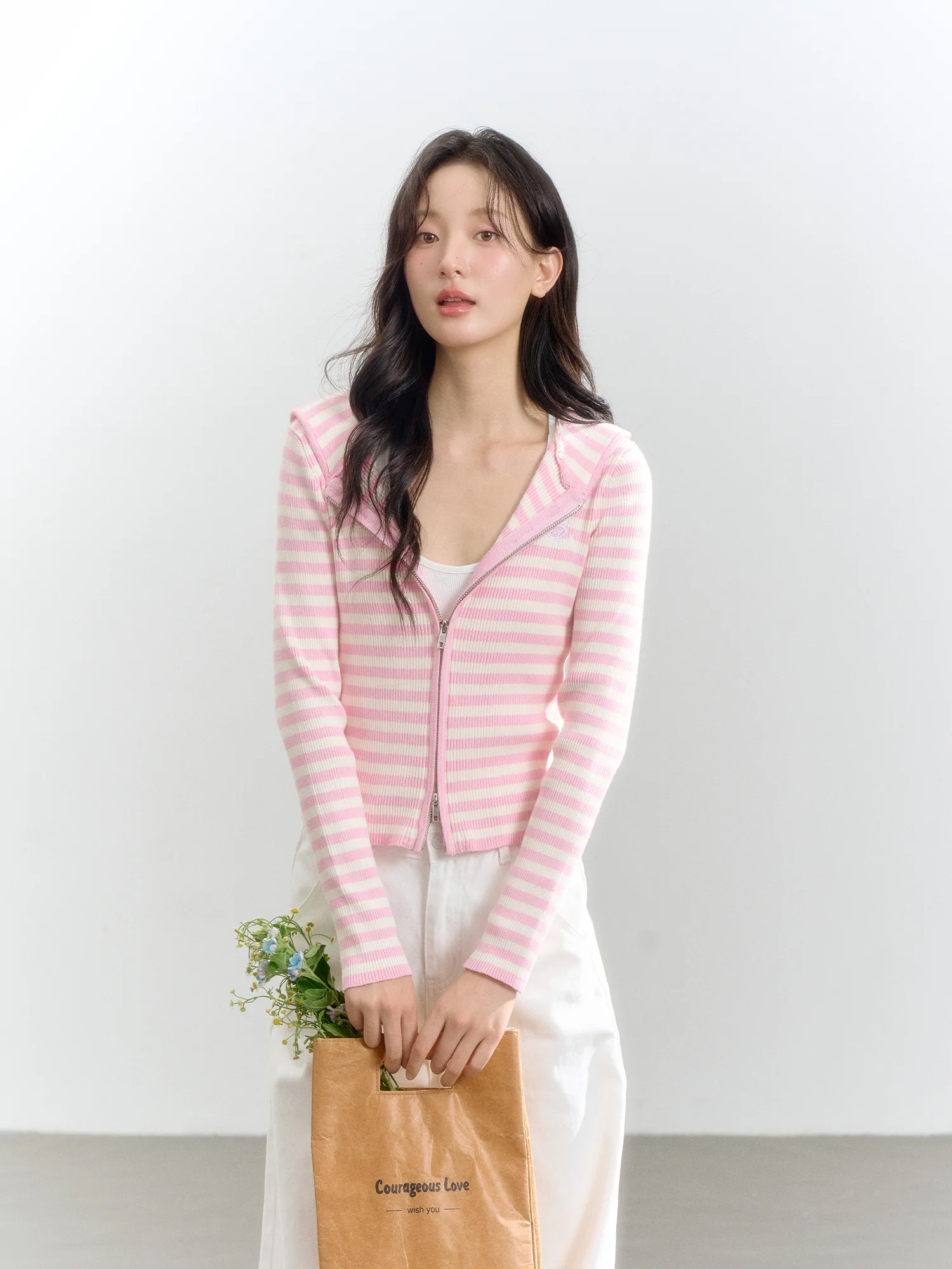 

Pink Striped Knitted Open Cardigan Women's Early Autumn Zip Casual Korean Sle Versatile Waist-Cinching Outerwear