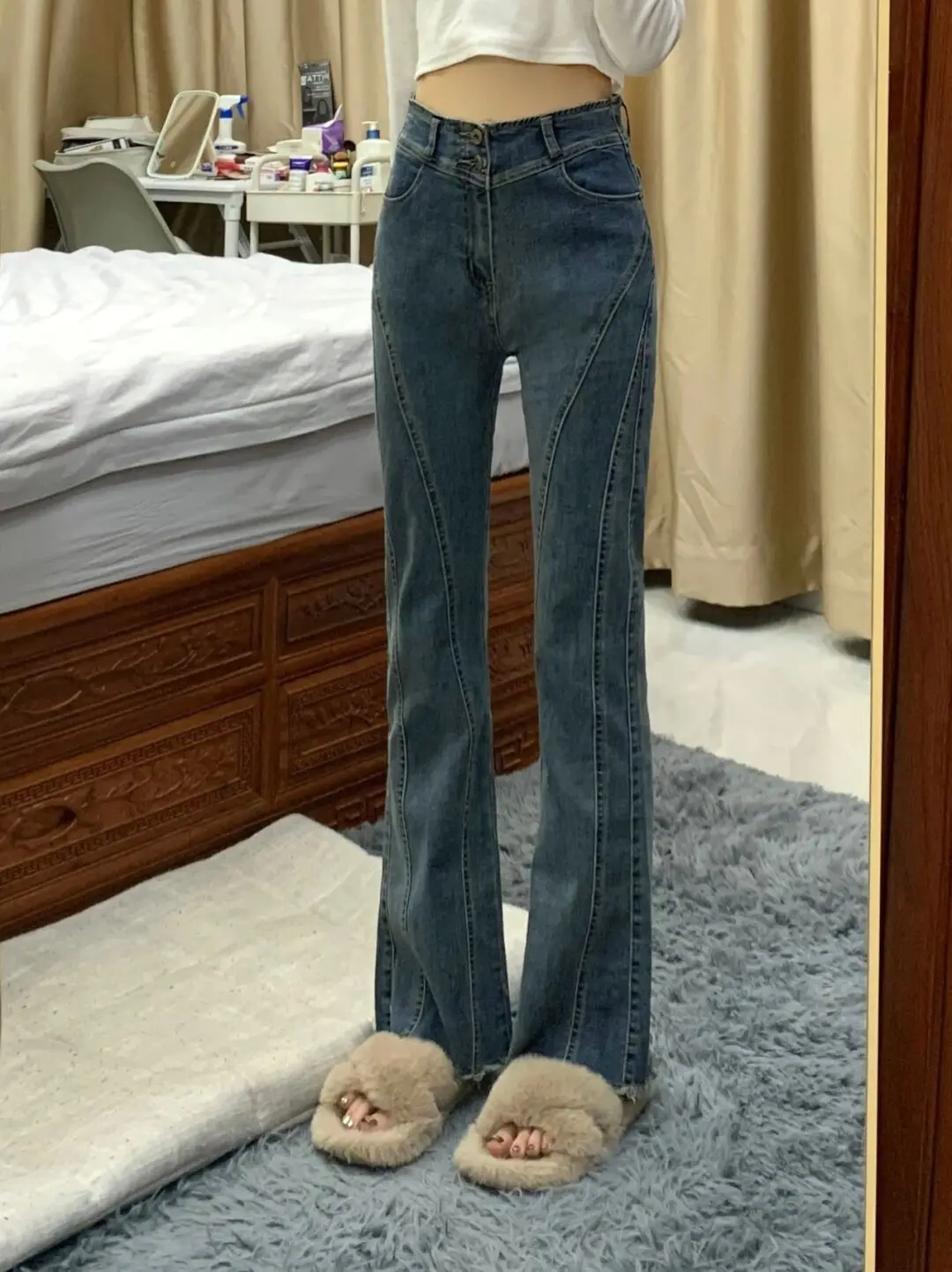 

Джинсы-колокольчики с высокой талией, женские осенне-зимние большие размеры, утягивающий дизайн с копытами, уникальные длинные брюки светлого цвета