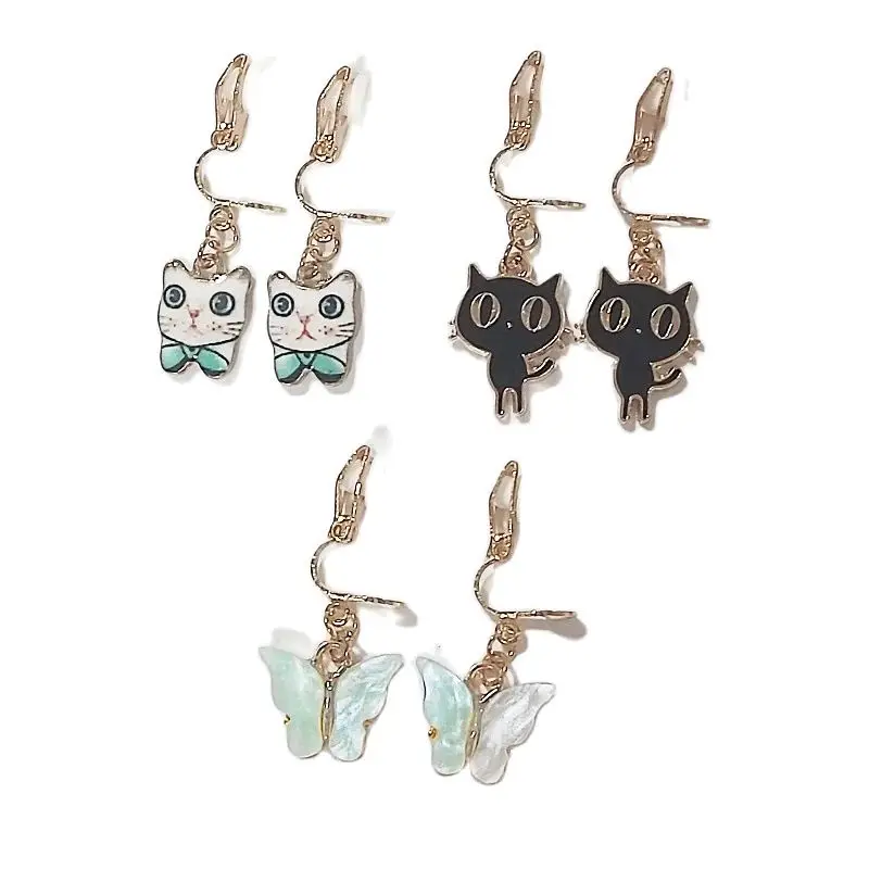 3pairs/set Gold Color Green Black Mini Cat Butterfly Clip Earrings Set Girls Geometric Earring Trend Set Earrings Jewelry