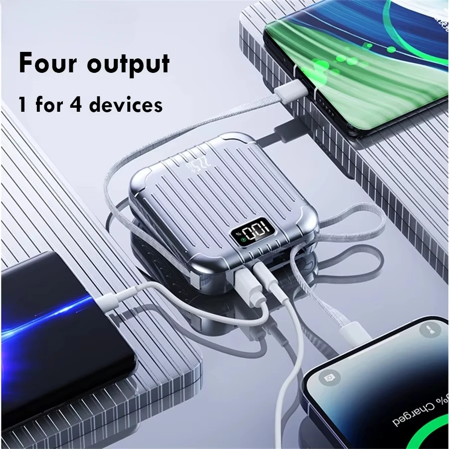 Mini 50000mAh Power Bank Portable Fast Charger 22.5W USB C Powerbank Build-in Cable External Spare Battery for IPhone Xiaomi