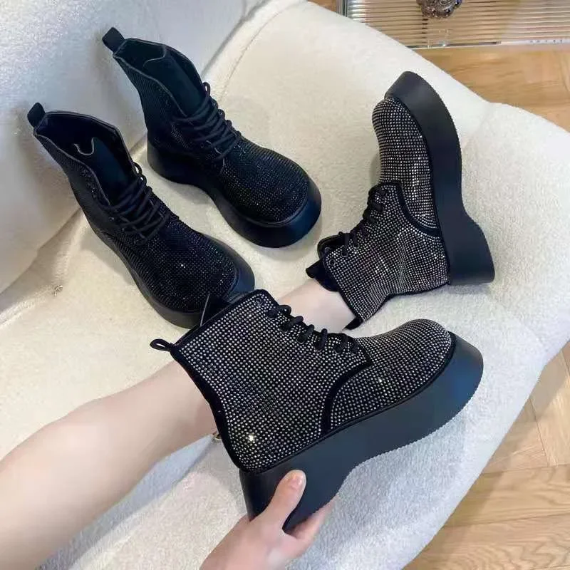 Lisapie 2024 New Rhinestone Full Diamond Starry Thick-soled Snow Boots Women Fashion Motorcycle Boots Sexy Short Boots