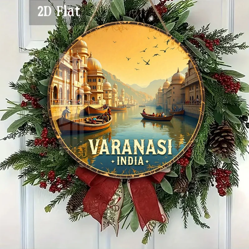 2D Flat - 1pc Round Panel Artwork from Varanasi, India, Depicting The Golden Hour with River Boats. This Cultural Vista Wall Dec
