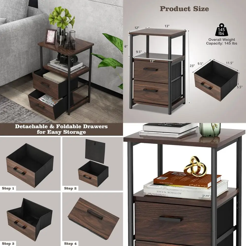 

Walnut 3-Tier Industrial End Table with Fabric Drawers and Open Shelf for Bedroom, Living Room, Dorm