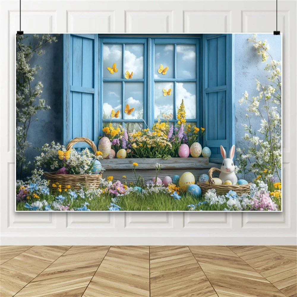 خلفية عيد الفصح للتصوير الفوتوغرافي حديقة الربيع بيض أرنب عيد الفصح زهرة السماء الغيوم نافذة خلفية استوديو الصور