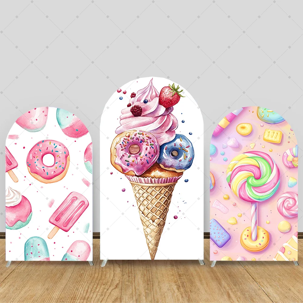 

Ice Cream Donut Baby Sweet Birthday Party Arch Cover Backdrop Candy Granules Pink Background Newborn Girl Photo Studio