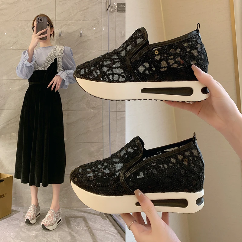 Summer Women\'s Platform Sneakers Shiny Gold Floral Embroidery Mesh Sneakers for Women Slip on Casual Comfy Heeled Shoes Woman