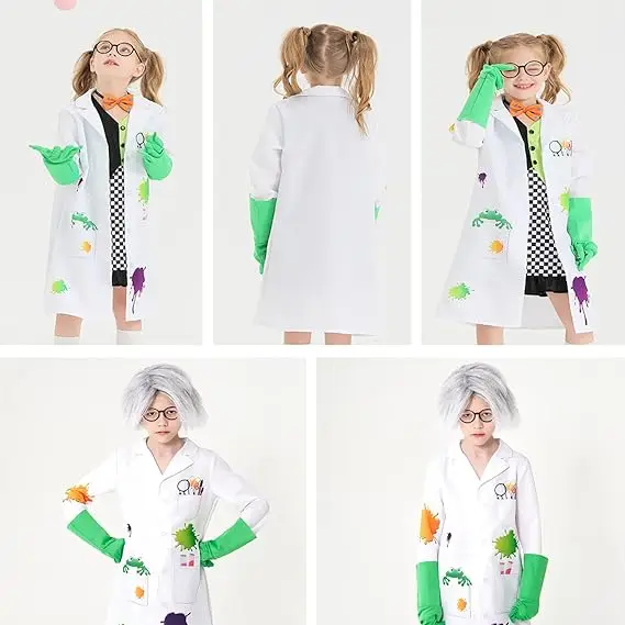 Kids Raving Mad Scientist Costume With Eyeglass Frames Bow Tie Gloves Wig Magnifying Glass For Kids Lab Coat Halloween Dress Up