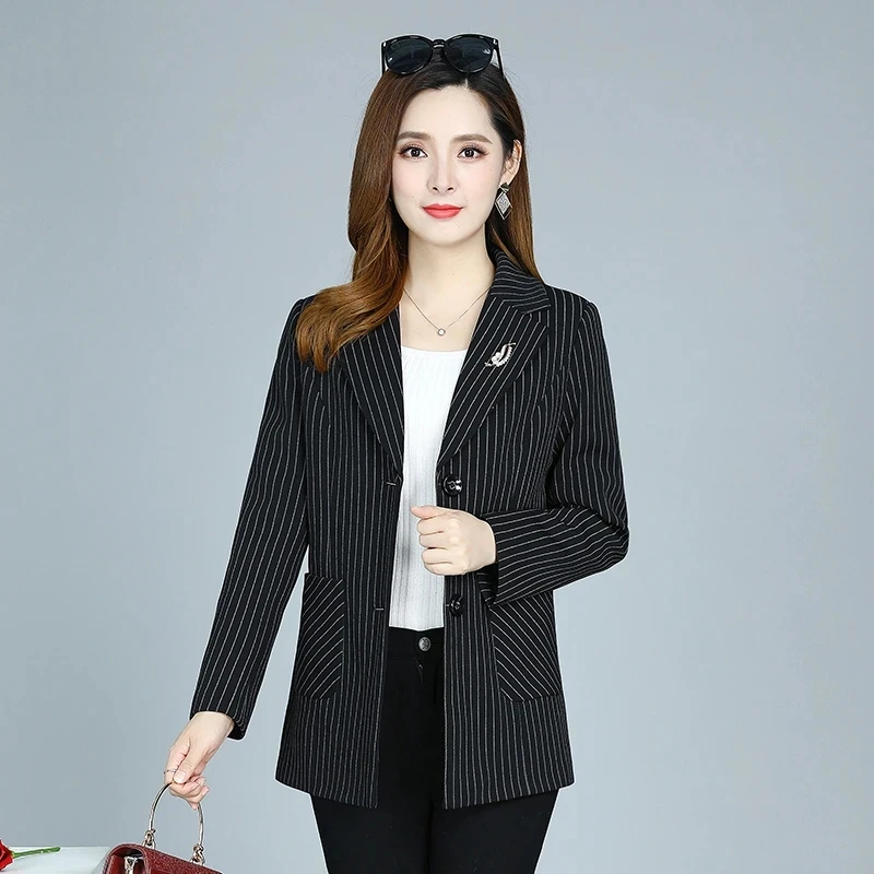 Middle Aged Mother\'s Blazers Coat Spring Autumn Casual Suits Collar Stripe Suits Jacket Fashion High Quality Short Blazer Tops