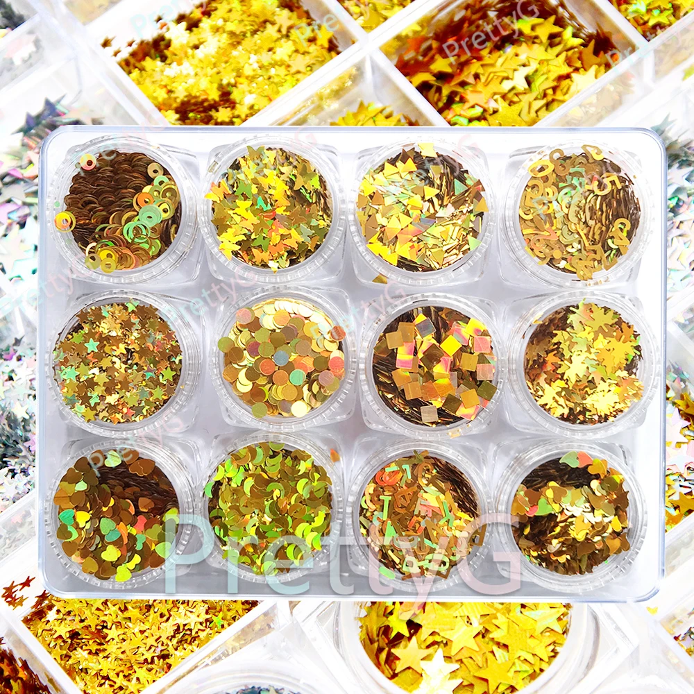 

PrettyG 1 Set 12Color Box Holographic Gold Sequins Glitter Number Letter Shape Nail Glitter For Resin DIY Nail Art Decoration