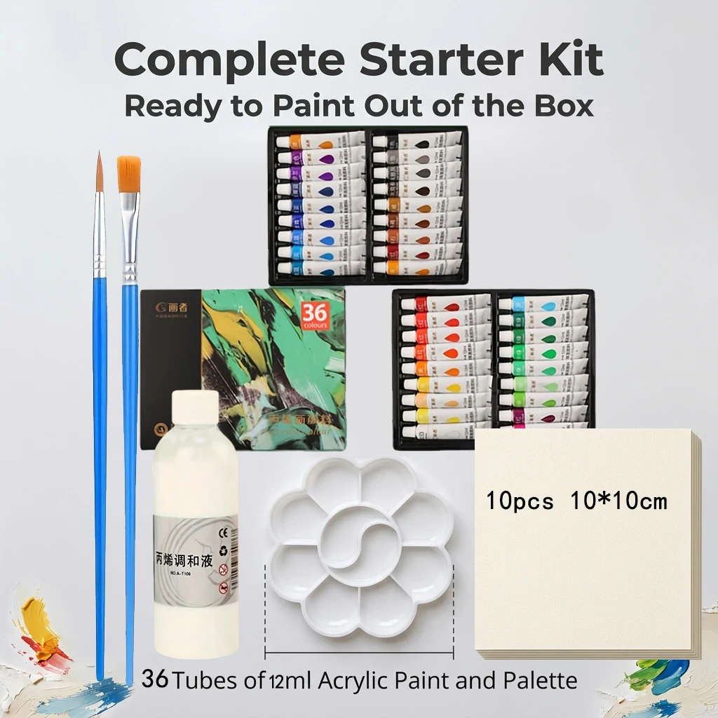 12/18/36 Colors 12ml Acrylic Painting Pigments Palette 10 Sheets Watercolor Paper 2 Oil Brushes Acrylic Blending Liquid Art Kit