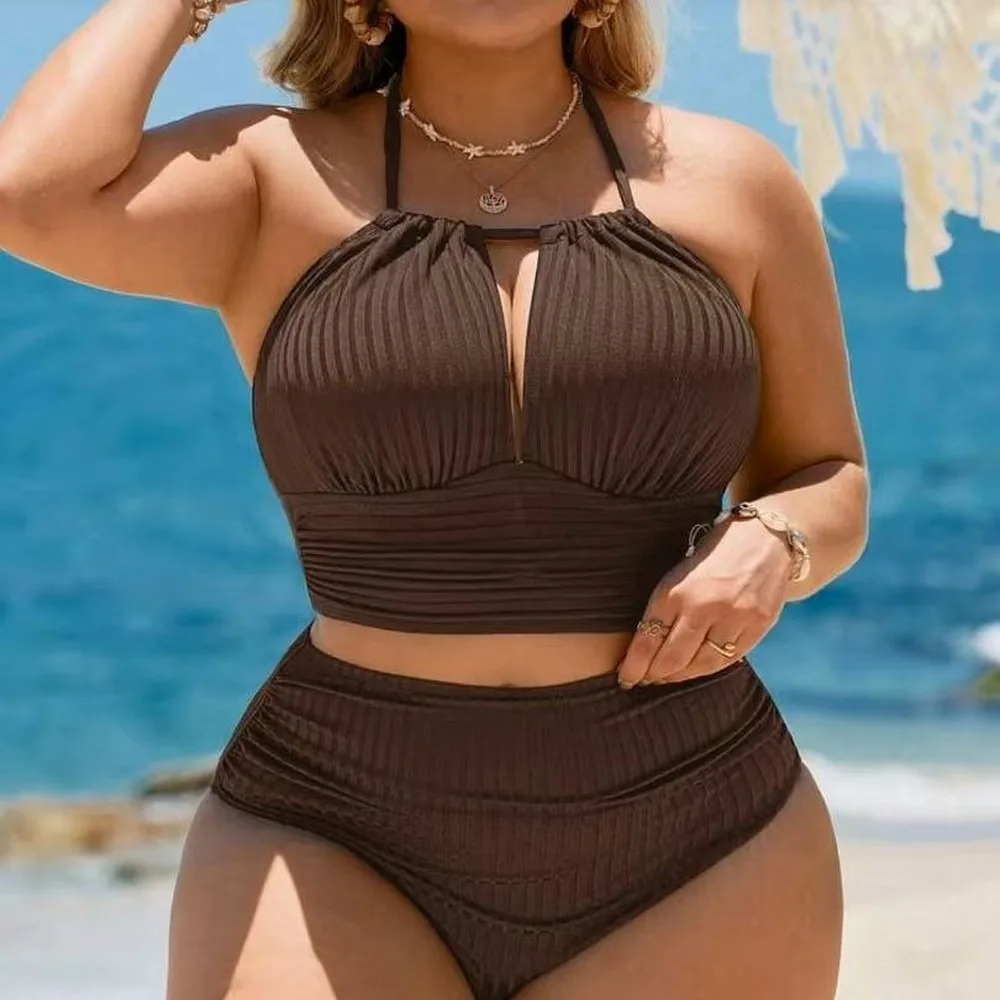 Sexy High Waist Two Piece Bikini Set Solid Color Plus Size Swimwear For Women Tankini Swimsuits Women Biquinis Set