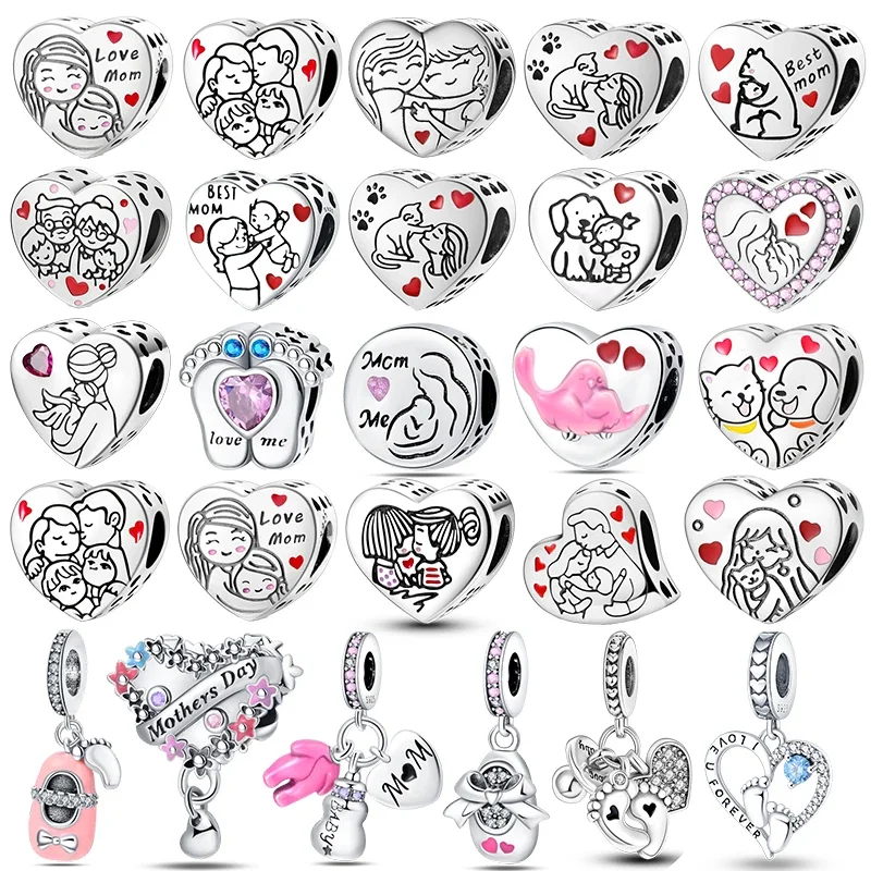 925 Sterling Silver  Heart Shaped Warm Family Love Mother Pendant Baby Feet Pacifier Charms Beads Fit Bracelet Jewelry Gift