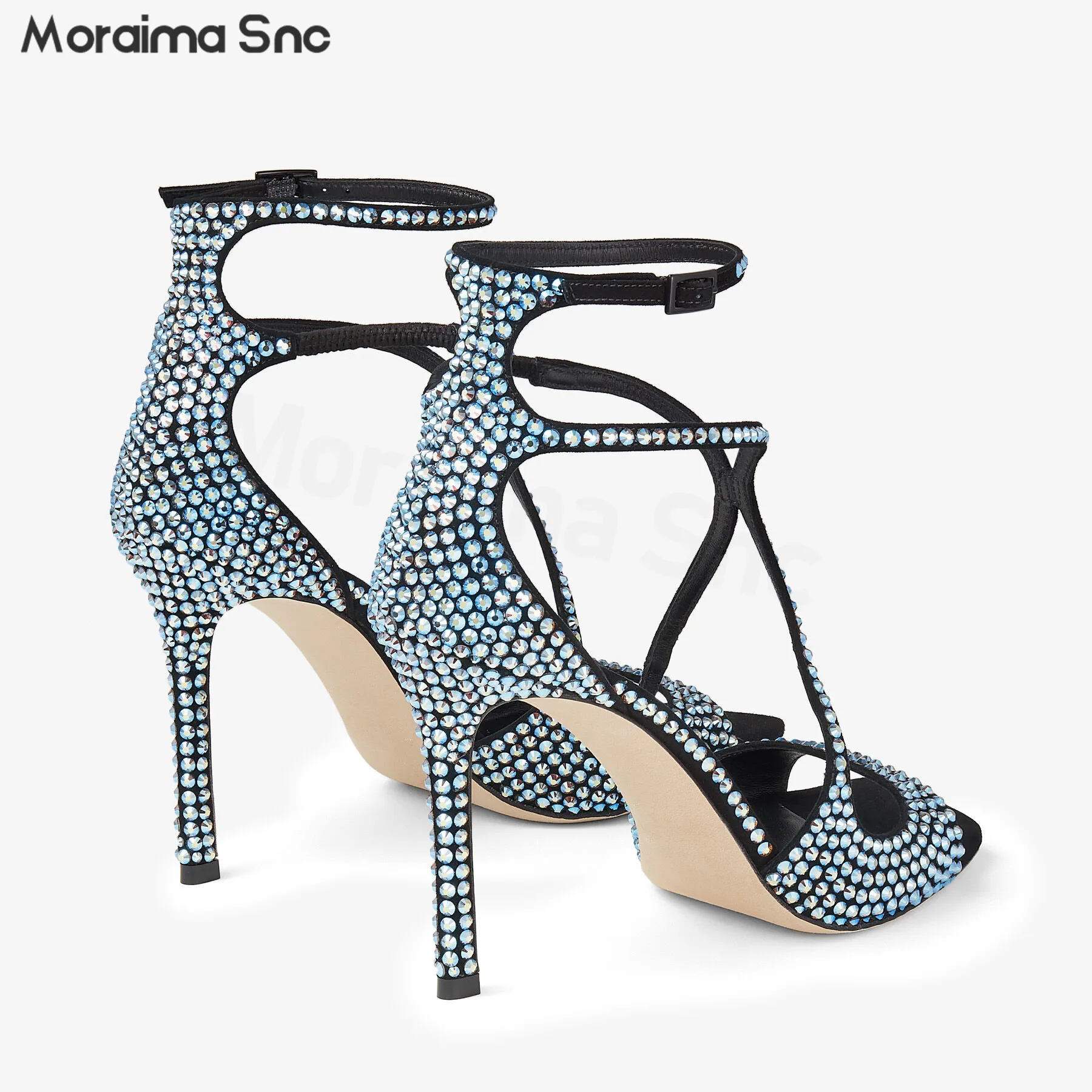 Rhinestone Cross Word Buckle Sandals Summer New Style Open Toe Stiletto Fish Mouth Square Head Temperament Women's Shoes