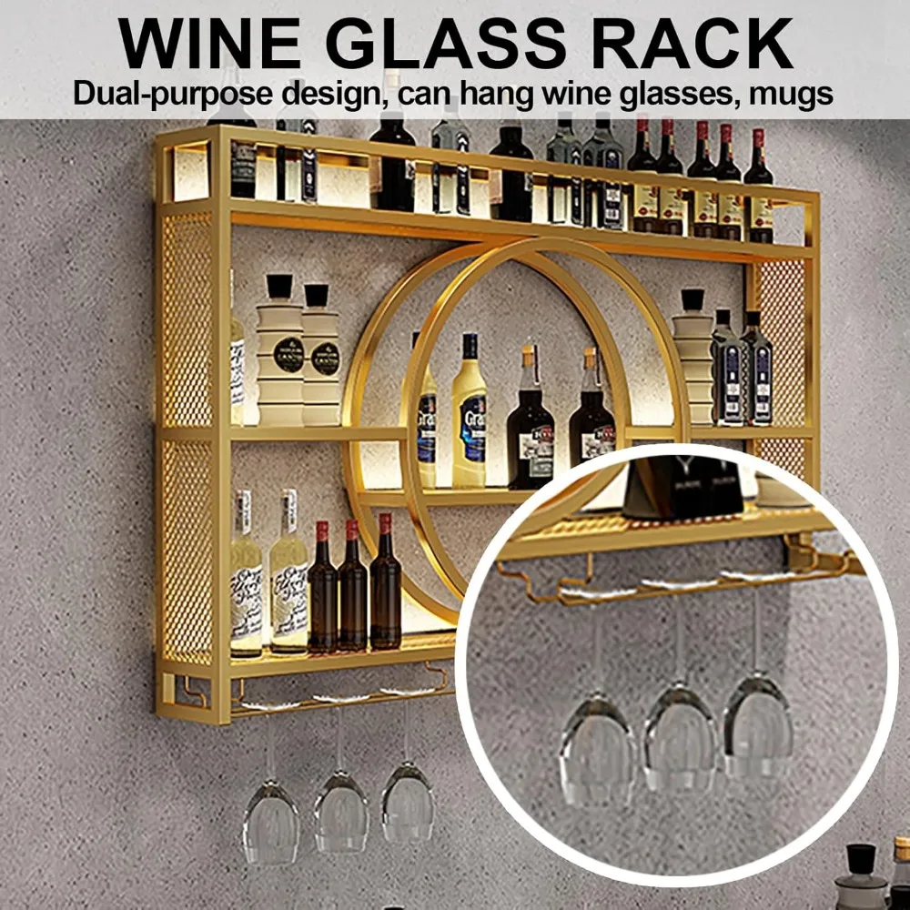 

Wine Rack Wall Mounted 3 Tier Metal, Floating Shelves for Kitchen with LED Light, Hanging Floating Bar, Liquor Bar Display Shelf