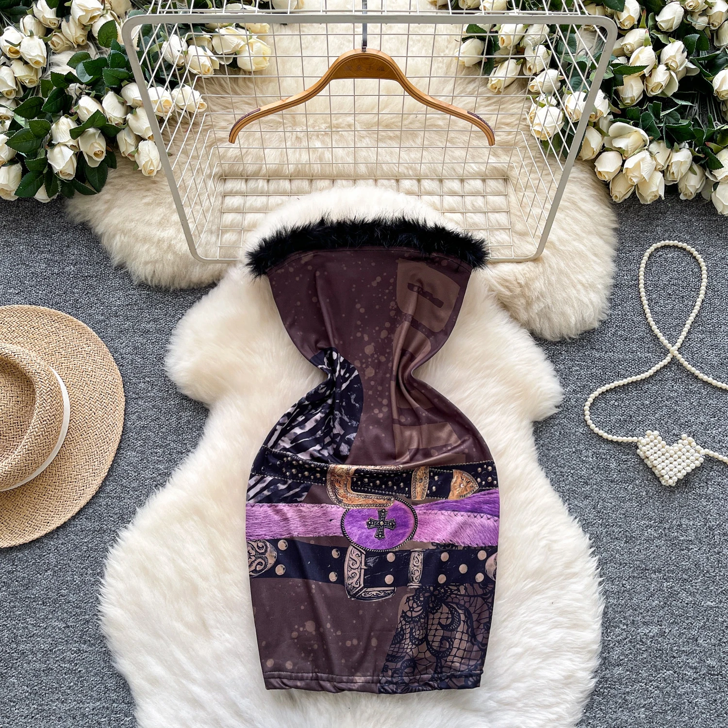American Hot Girl Style Fur Collar Paneled  Sleeveless Dress Women High-Waisted A-Line Bodycon Dress Retro Dark Gothic Clothing