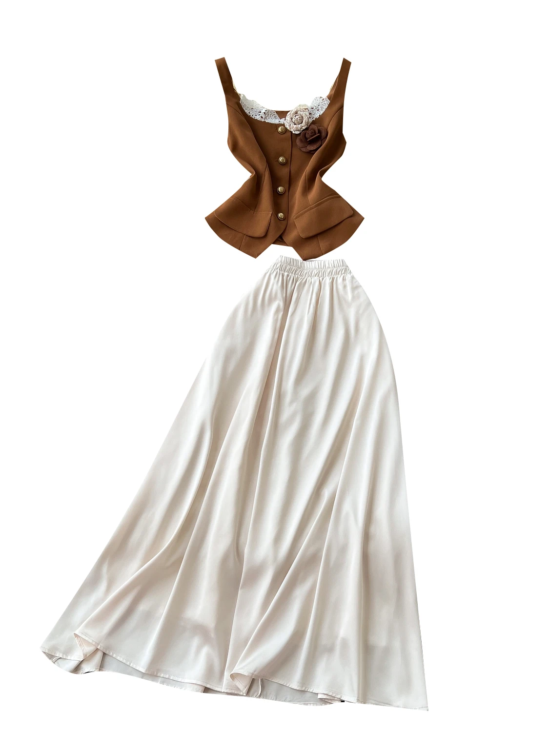 

Шелковый атласный жилет с высокой талией, женский летний наряд с 3D цветочным дизайном, комплект юбки ter Ne Line, модный ансамбль